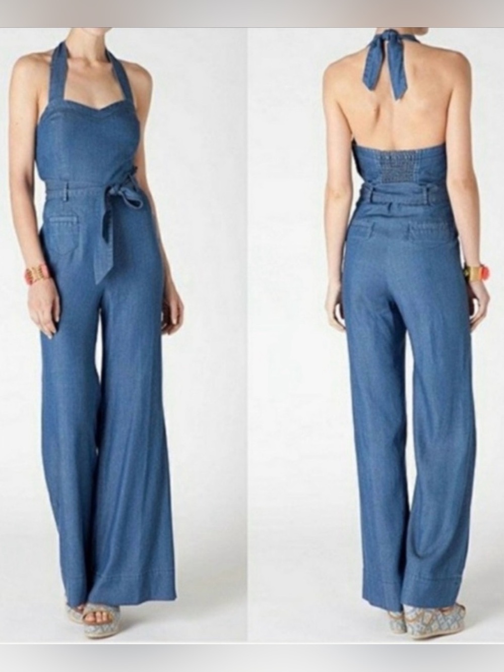 Anthropologie Elevenses Sharlene Denim Linen Halter Jumpsuit Size 0 Miley Cyrus